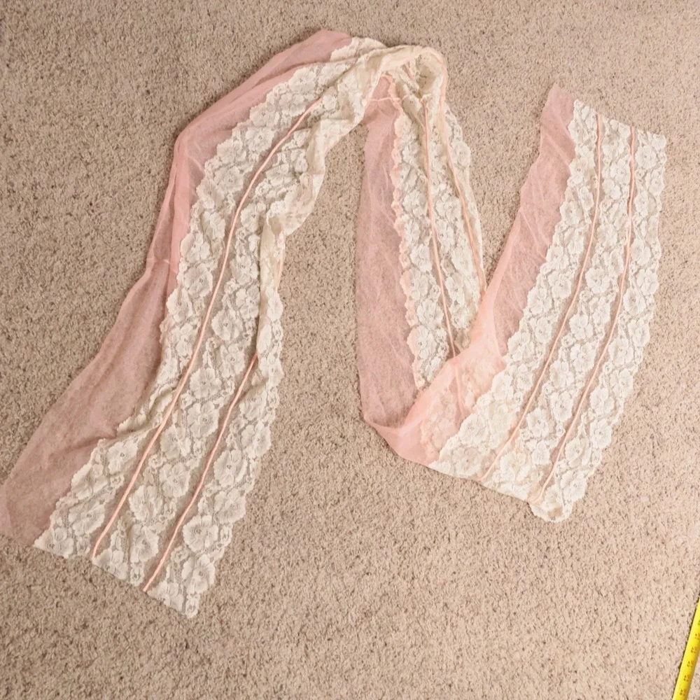 Vintage Style Pink Sheer Tulle and Cream Floral Lace Long Wrap Scarf 121 Inch